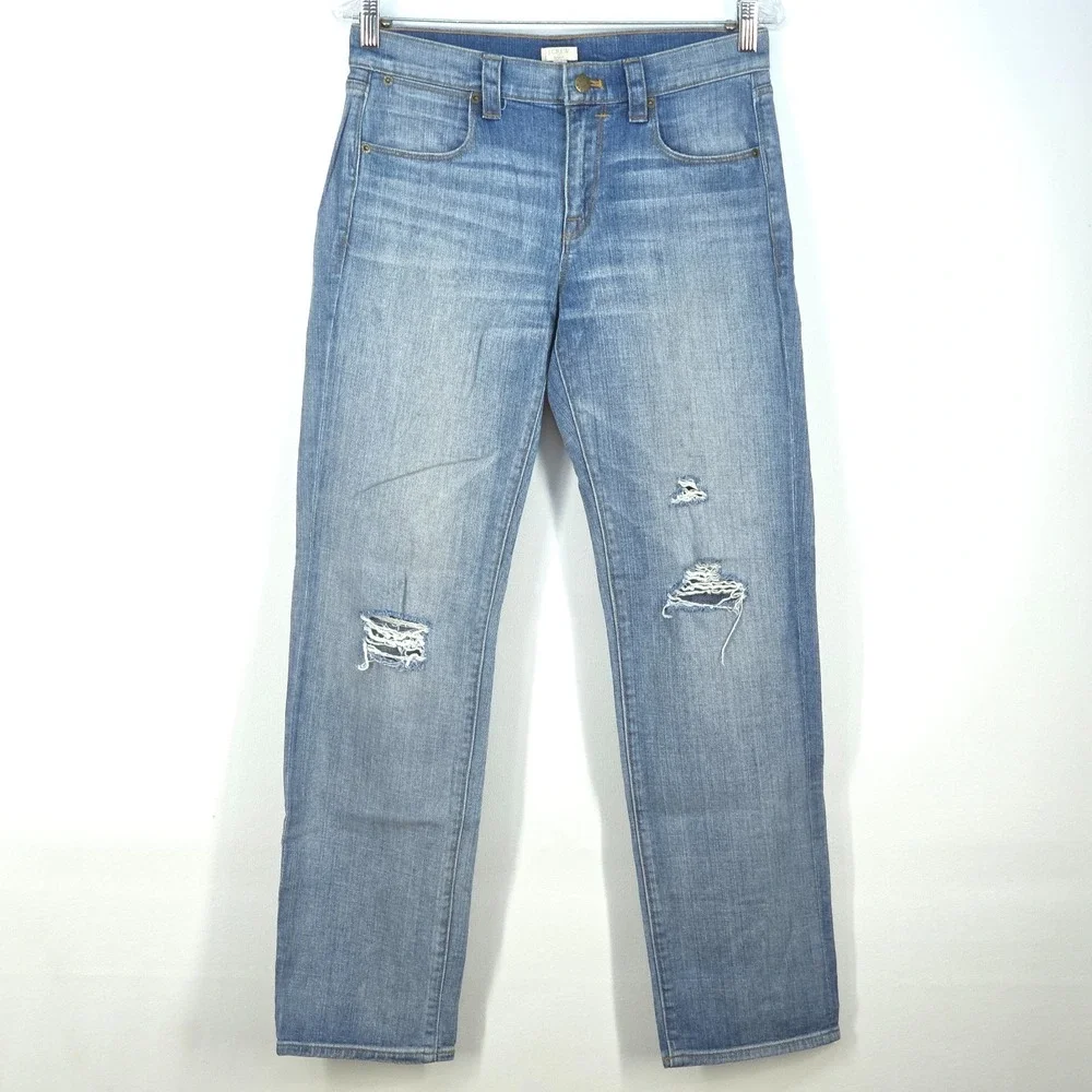 J Crew Distressed Jeans Women's 27 (Fit 30x30) Light Wash Stretch Denim Whiskers